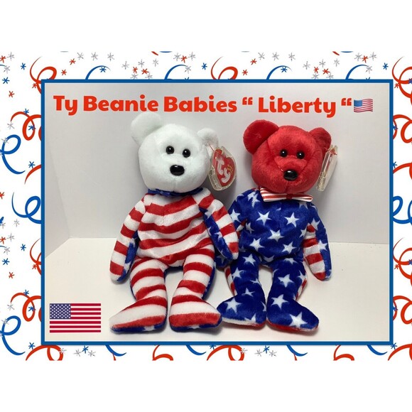 2 TY Beanie Baby -‎ LIBERTY the Bear White Head Red Head - Picture 1 of 2